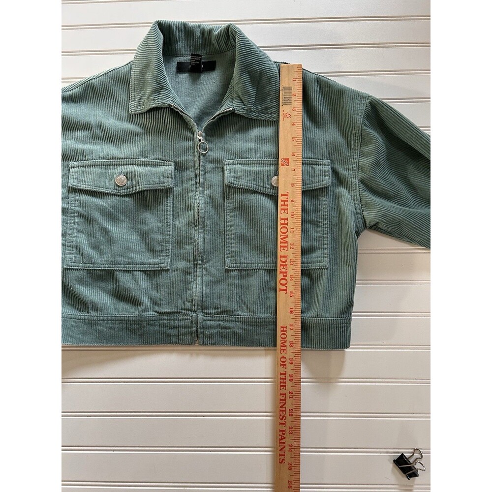 Forever 21 Teal Green Corduroy Jacket Womens Medium Cropped Zip Up Utility Boho - Picture 4 of 11